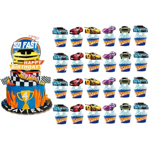 Krilucly 25 Stück Hot Wheels Tortendeko Jungen, Hot Wheels Kuchen Deko Kindergeburtstag, Cake Topper Set, Happy Birthday Topper für Kinder Geburtstag Party Kuchen Dekoration Supplies von Krilucly