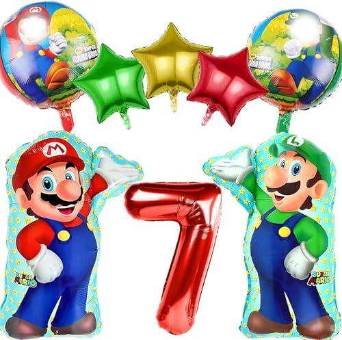 Krilucly 8 Stück Mario Geburtstag Deko 7 Jahre, Geburtstag Set, Kinder Cartoon Anime Geburtstagdeko Party Folienballon Dekorationen Balloons, Luftballons für Junge Mädchen von Krilucly