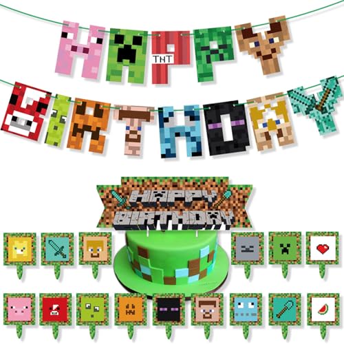 Krilucly Cartoon Geburtstagdeko, 17 Teilige Pixel Game Party Supplies, Gute zum Geburtstag Banner, thema Party Deko für Kinder Kuchen Miner Gamer Theme Geburtstag Foto Prop Kuchen Deko von Krilucly