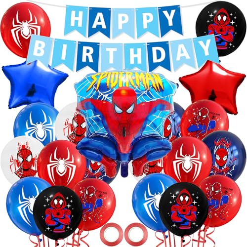 Spiderma Kinder Geburtstagdeko, Spidey Cartoon Luftballons Geburtstagsdeko Set Für Junge Und MäDchen, Happy Birthday Banner Folienballons Latexballons, Theme Geburtstag Foto Prop Kuchen Deko von Krilucly