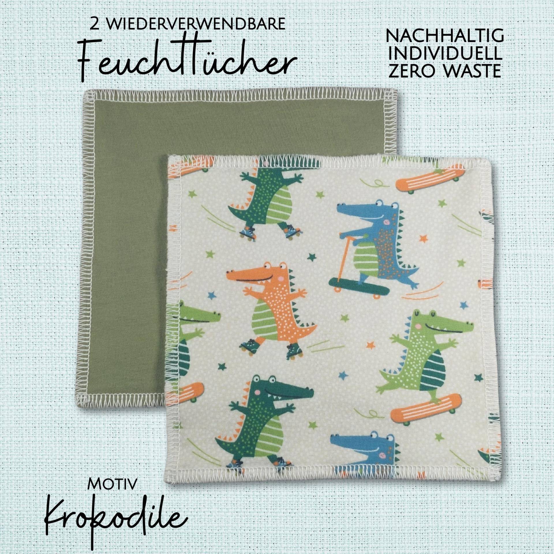 Feuchttücher - Waschlappen 2Er Set "Krokodile" Bio Baumwolle Bunt Wiederverwendbar Waschbar Öko von Kristallnadel