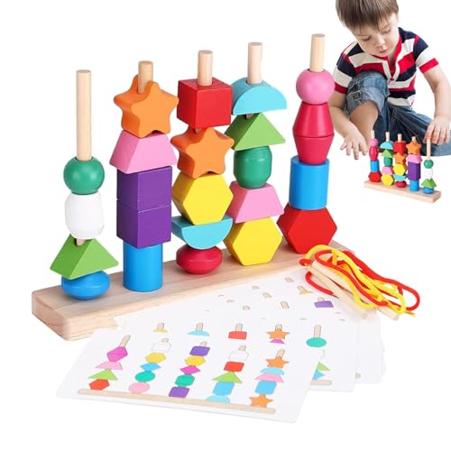 Krujecnt Holzperlen-Reihenfolge-Spielzeug, Holzperlen-Stapelspiel | Vorschul-Lernspielzeug - Stapelblock-Spielzeug, Holzperlen-Reihenfolge, Holzperlen-Spielzeugset für Vorschulkinder im Alter von 2–5 von Krujecnt