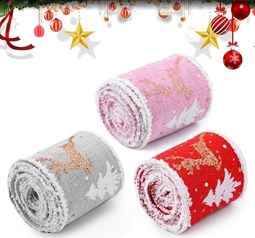 Ksheria 3 Rollen Weihnachts-Gurtband, weißer Samt, Elch, Geschenkbox, Geschenkbox, Geschenkband, Box, Weihnachtsbonbons, Pfefferminz, rot und weiß gestreift, Baumwollband für Geschenkverpackungen, von Ksheria