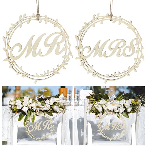 Ksheria 4pcs Braut und Bräutigam Blume Stuhl Schild Hochzeit Holz Rustikal Mr. Mrs. Chiffonband Kirche Bank Back Kreativer Buchstabenanhänger Zeremonie Sitz MR Anhänger Schilder & Kapelle Neue von Ksheria