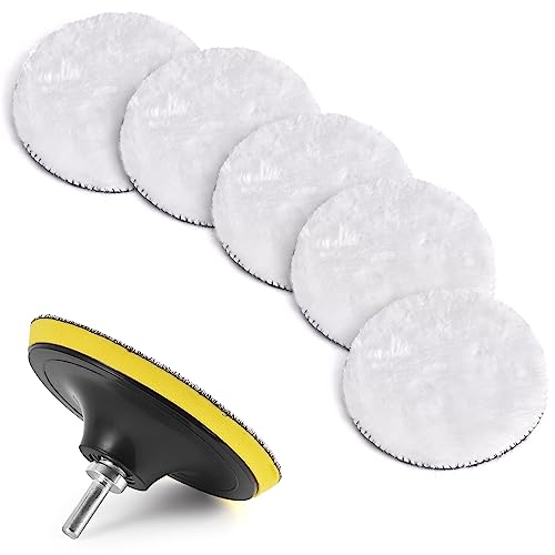 Kshineni 125mm Wolle Polierpads, 7tlg Auto Polierhaube Lammfell Pad Polierpads Wolle Polieraufsatz Akkuschrauber Set für Poliermaschine Schleifmaschine zum Polieren,Schleifen,Wachse von Kshineni