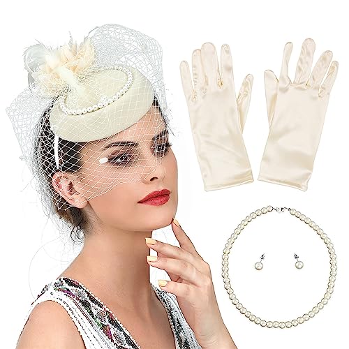 Ksikdeg 1 Set Damen-Haarreifen aus Netzstoff mit Schleier und Hut mit Perlen, Ohrringen, Halskette und Handschuhen, Halloween, Cosplay, Abschlussball, Partyzubehör für Damen von Ksikdeg