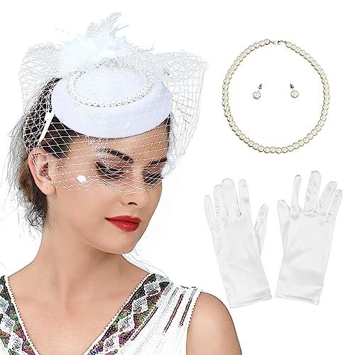 Ksikdeg 1 Set Damen-Haarreifen aus Netzstoff mit Schleier und Hut mit Perlen, Ohrringen, Halskette und Handschuhen, Halloween, Cosplay, Abschlussball, Partyzubehör für Damen von Ksikdeg