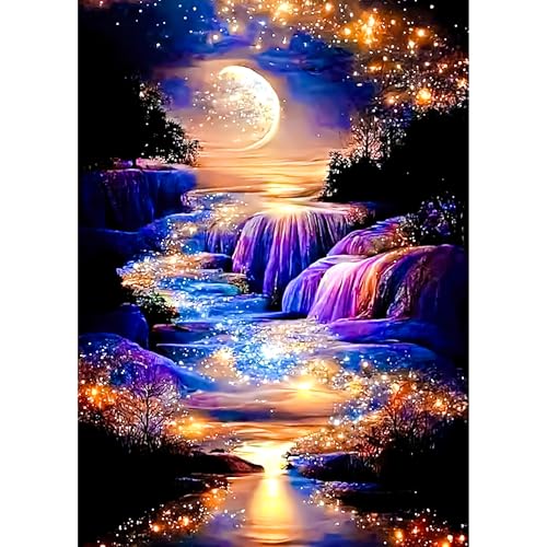 Kssvzz Diamond Painting Erwachsene, Wasserfälle im Mondlicht 5D Diamant Painting Bilder, DIY Diamond Art Kits, Full Diamant Malerei für Home Wand Décor 30 x 40 CM von Kssvzz