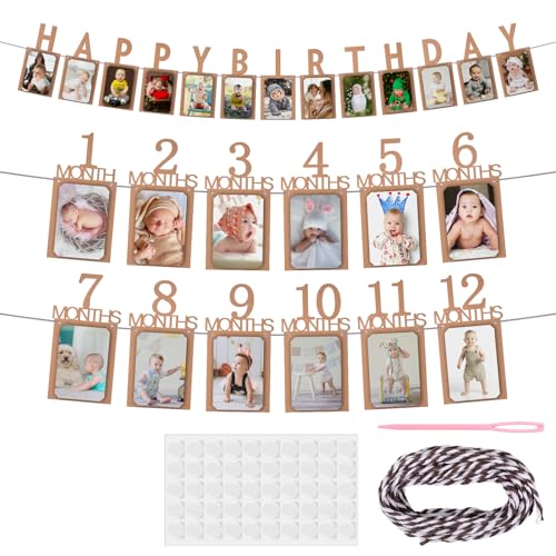 Kssvzz Fotogirlande 1. Geburtstag für 1 bis 12 Monate, 12 Monate Girlande Baby, Kraftpapier Geburtstagsgirlande 1 Jahr, Happy Birthday Banner Geburtstagsdeko 1 Jahr für Mädchen, Jungen von Kssvzz