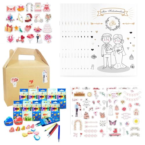 Ksvaye 10er Set Hochzeit Kinder Beschäftigung, Hochzeitsmalbuch Kinder, Malbuch Hochzeit für Kinder, mit Aufkleber, Buntstifte, Bleistiftspitzer, Eraser und Geschenkbox für Hochzeit Gastgeschenke von Ksvaye