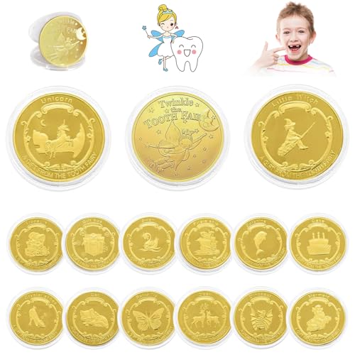 Ksvaye 15 Stück Zahnfee Münzen Zahnfee Geschenke Mädchen Jungen Zahnfee Goldtaler mit Verschiedenen Mustern Gold Tooth Fairy Coins für Verlorenen Zahn Kinder Geschenke Souvenir von Ksvaye