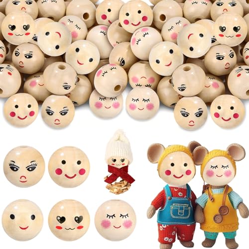 Ksvaye 150 Pcs Holzkugeln mit Gesicht, 20mm Lächelndes Gesicht Kopf Perlen Holzköpfe Natur mit Loch für Crafting Sorgenwürmchen, Natürliche Rund Perlen umfassen 5 Stile von Ksvaye