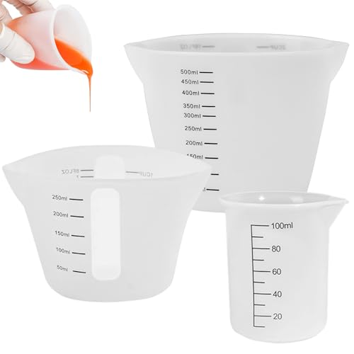 Ksvaye 3 Stück Silikon Messbecher,Silikonbecher 500ml/250ml/100ml Mischbecher Epoxidharz Silicone Measuring Cups mit Skala Clear für Diy Handmade, Basteln, Labor, Küche von Ksvaye