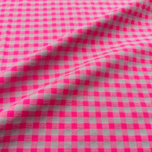 Kt KILOtela Seersucker-Stoff, BCI-Baumwolle, recyceltes Polyester GRS, Hemd, Modebekleidung, Vichy-Karo, Neonrosa, 100 x 145 cm von Kt KILOtela