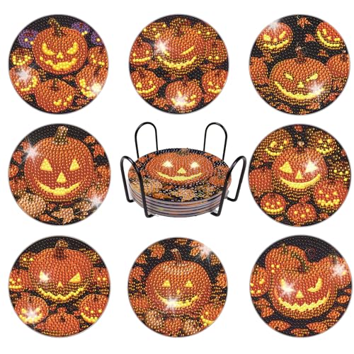 8 Stück DIY Halloween Kürbis Diamond Painting Untersetzer mit Halter, Diamant Tassenuntersetzer, für Tassen, Weingläser, Vasen und Heimküche, Untersetzer rutschfest für Anfänger, Erwachsene & Kinder von Kuaikely