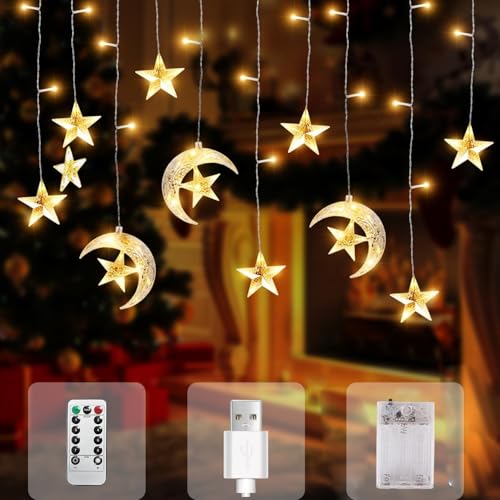 LED Lichterkette Weihnachten, 3.5M Weihnachtsbeleuchtung Fenster Mond Sterne Batterie USB mit Timer Fernbedienung, 8 Modi Lichterketten Vorhang Deko für Halloween, Party, Balkon, Hochzeit -Warmweiß von Kuataty