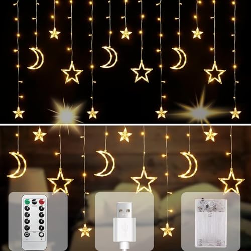 Kuataty Weihnachtsbeleuchtung Batterie/USB, 3.5M Sterne Mond Lichtervorhang Fenster mit Fernbedienung Timer, 8 Modi Lichterkette Vorhang Deko für Halloween, Party, Balkon, Hochzeit -Warmweiß von Kuataty