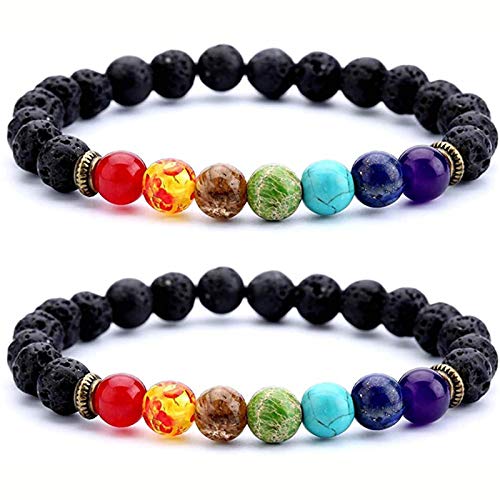 2 Stück Lava perlen Armband,Kucheed 8mm Ätherisches Öl Diffusor Obsidian Felsen Elastische Yoga Achat Perlen Armbänder,Naturstein für Meditation,Erdung,Selbstvertrauen,Aromatherapie Damen Herren von Kucheed