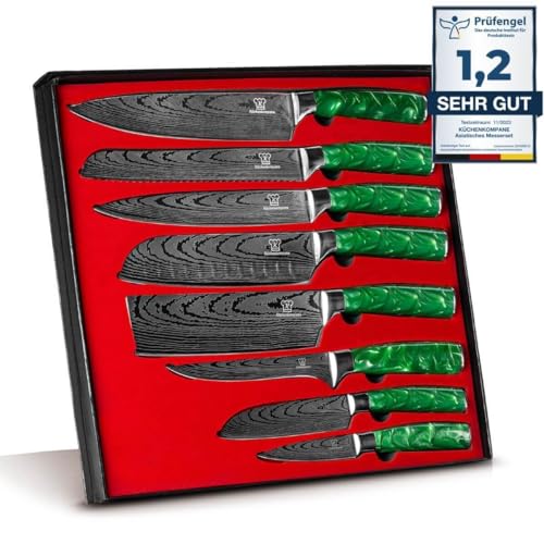 Küchenkompane - Edelstahl Messerset Midori - 8-teiliges Küchenmesser Set - Kochmesser im Damast Design mit Epoxidharz Griff inkl. Geschenkbox - rostfreie & scharfe Messer - Designed in Germany von Küchenkompane