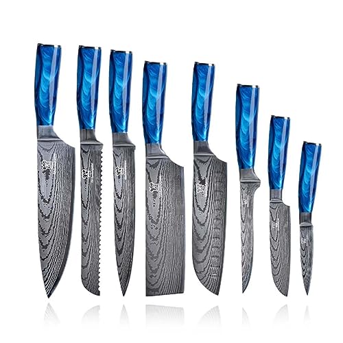 Küchenkompane – asiatisches Edelstahl Messerset Shiburu – 8-teiliges Küchenmesser Set im Damast-Design mit Epoxidharz Griff und Geschenkbox – Rostfreie & scharfe Messer – Designed in Germany von Küchenkompane