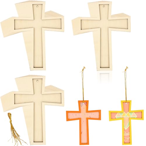 Unlackiertes Holzkreuz, geschichtet, gerahmt, mit Schnur für Erwachsene und Kinder, Osterprojekte, Kirche, Basteln, 28 Stück von Kugliwa