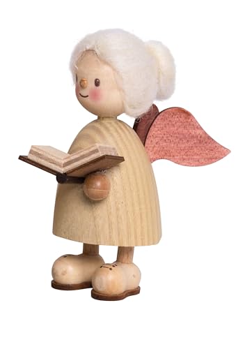 Kuhnert Drechslerei Dekoration/Holzfigur aus Massivholz mit Schafwollfrisur - Finn & Finja - Motiv: Finja als Engel mit Buch - Höhe: ca. 9cm - Made in Germany von Kuhnert