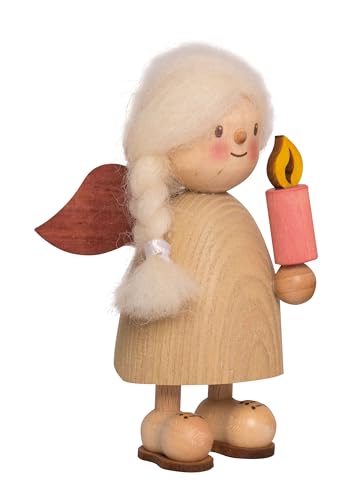 Kuhnert Drechslerei Dekoration/Holzfigur aus Massivholz mit Schafwollfrisur - Finn & Finja - Motiv: Finja als Engel mit Kerze - Höhe: ca. 9cm - Made in Germany von Kuhnert