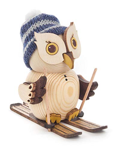 Kuhnert Minieule mit Ski und Strickmütze Dekofigur Original Erzgebirge Handarbeit Holzfigur Eule in modernem Design Sammlerfigur Eule Dekorationsfigur Mini-Eule von Kuhnert