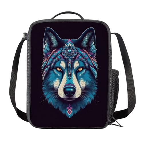 Kuiaobaty Isolierte Lunchbox für Kinder, Motiv: Wolf, mit seitlichem Netzstoff, Tribal-Tier-Wölfe-Muster, Tasche für Jungen, Lebensmitteltasche, für Männer von Kuiaobaty