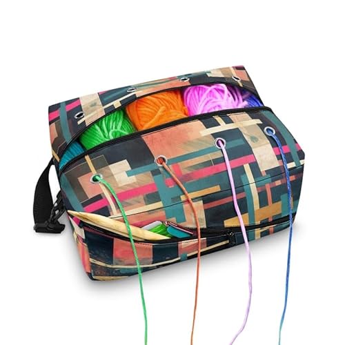 Kuiaobaty Minimalistische geometrische Stricktasche zum Basteln, Aufbewahrungstasche, abstrakte quadratische Colorblock-Häkel-Anfänger-Tasche für Strickliebhaber von Kuiaobaty