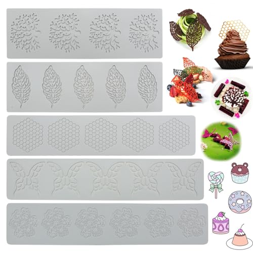 Kujinova 5 Stück Silikonform Blätter, DIY Silikon Kuchen Spitzenform für Kuchenrand Dekoration, 3D Hohle Blätter Form Candy Mold für Zuckerpaste, Schokolade, Fondant, Butter, Seife von Kujinova