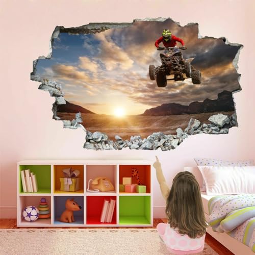 3D Durchbruch Wandsticker, Motorrad Fahren Wandtattoo Wanddeko Aufkleber, Sonnenuntergangslandschaft Wanddurchbruch sticker für Raumdekoration Wohnzimmer Kinderzimmer Junge Mädchen Teenager Zimmer von Kuletkear