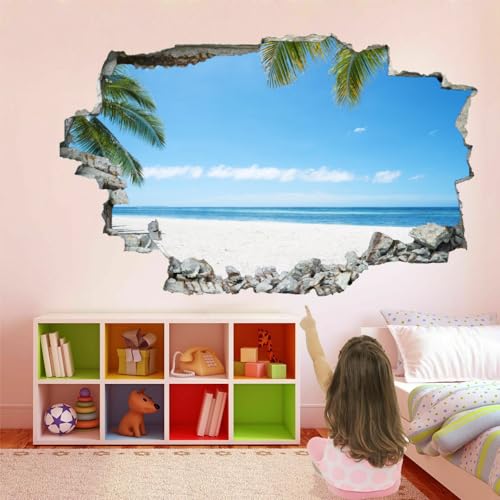 3D Durchbruch Wandsticker, Palmenblätter Wandtattoo Wanddeko Aufkleber, Blick Auf Den Strand Wanddurchbruch sticker für Raumdekoration Wohnzimmer Kinderzimmer Junge Mädchen Teenager Zimmer 120x80cm von Kuletkear