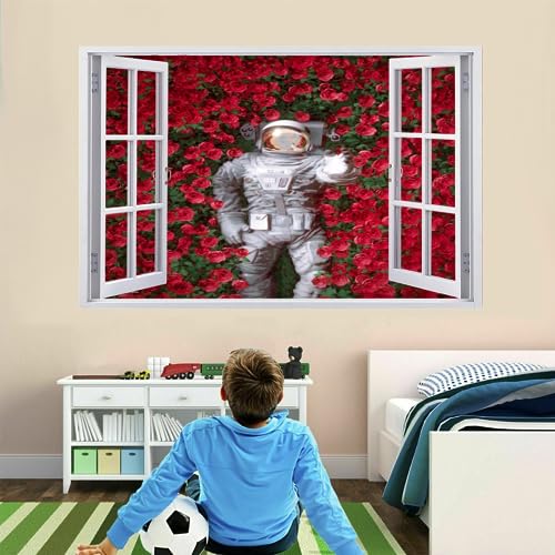 3D Wandtattoo Wanddurchbruch, Astronaut Durchbruch Wandaufkleber für Kinderzimmer, sticker für Wohnzimmer, Rote Rose Vinyl Wandsticker, Wandbild Junge Mädchen Schlafzimmer 75x50cm von Kuletkear