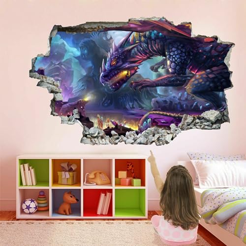 3D Wandtattoos Durchbruch Wandbild Drachen Selbstklebend Kinderzimmer Aufkleber Wandaufkleber Science-Fiction Abnehmbare Wandsticker für Kinderzimmer Wohnzimmer Schlafzimmer Deko von Kuletkear