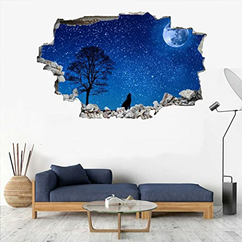 3D Wandtattoos Durchbruch Wandsticker Wandbilder Wolf Abnehmbare Vinyl Selbstklebend Wanddeko Wandaufkleber Sternenmond Wanddeko für Wohnzimmer Kinderzimmer Junge Mädchen Teenager Zimmer Badezimmer von Kuletkear