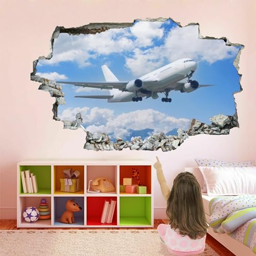 3D Wandtattoos Flugzeug Wandaufkleber Durchbruch Wanddeko Blauer Himmel Und Weiße Wolken Wandbild für Kinderzimmer Junge mädchen Teenager zimmer Schlafzimmer Wandsticker Kleinkinderzimmer Deko 75x50cm von Kuletkear