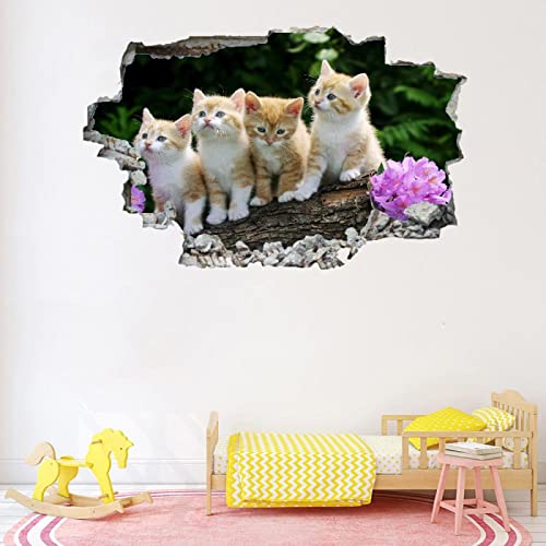 Katze Wandsticker 3D Durchbruch Tier Wandtattoo kinderzimmer Deko Blume Wand Aufkleber Selbstklebend Wanddurchbruch Wandsticker Wandbild für Junge Mädchen Teenager Zimmer Wohnzimmer Schlafzimmer von Kuletkear