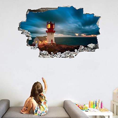 Leuchtturm 3D Durchbruch Wandsticker, Himmel Selbstklebend Wandtattoo Wanddeko Aufkleber, Nachtpier Wanddurchbruch sticker für Raumdekoration Wohnzimmer Kinderzimmer Junge Mädchen Teenager Zimmer von Kuletkear