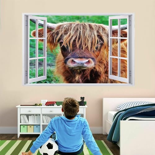 Wandbilder Wandtattoo 3D Hochlandvieh Wanddurchbruch Wandaufkleber Grünes Gras Fensterdeko Bilder Wanddeko Mädchen Aufkleber Selbstklebend Fenstersticker Wandsticker Kinderzimmer Deko 67x45cm von Kuletkear