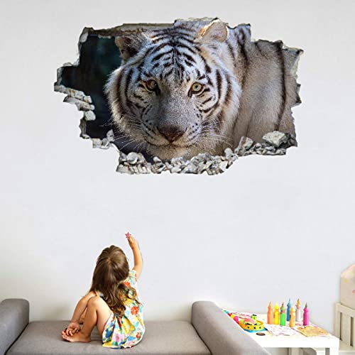 Wandsticker 3D Durchbruch Weißer Tiger Wandtattoo kinderzimmer Deko Tier Wand Aufkleber Wanddurchbruch Wandsticker Wandbild für Junge Mädchen Teenager Zimmer Wohnzimmer Schlafzimmer 120x80 cm von Kuletkear