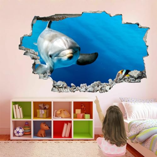 Wandtattoo 3D Durchbruch Delfin Wandsticker Wanddekoration Fisch Abnehmbare Wandaufkleber Deko Schlafzimmer Wohnzimmer Kinderzimmer Kunst Wohnkultur Wandbilder 120x80cm von Kuletkear