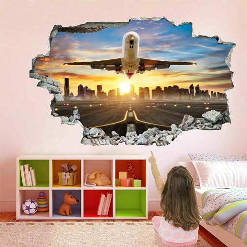 Wandtattoo Durchbruch 3D Wandsticker Flugzeug Selbstklebend Wanddeko Skyline Der Stadt Wanddurchbruch sticker für Kinderzimmer Mädchen Wanddeko Wandaufkleber Schlafzimmer Wandbild von Kuletkear