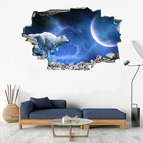 Wolf 3D Wandtattoos Durchbruch Wandbild Mond Kinderzimmer Aufkleber Wandaufkleber B 75 x H 50 cm Abnehmbare Wandsticker für Kinderzimmer Junge Mädchen Teenager Zimmer Wohnzimmer Schlafzimmer von Kuletkear