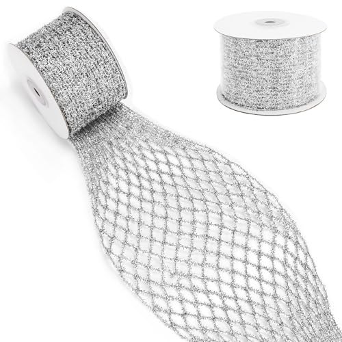 Dehnbares Glitzer-Metall-Mesh-Band, 4,5 m Glitzer-Metallic-Mesh-Band mit Drahtkante, dekoratives Netzband für Bastelarbeiten, Geschenkverpackungen, Weihnachtsbaumdekoration (Silber) von Kunjocy