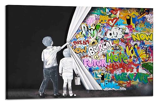 Banksy Bilder Leinwand / 2 boys behind curtain/jungs hinter gardinnen- fertig auf Keilrahmen Graffiti Street Art, Kunstdruck Wohnzimmer (60x80 cm) von Kunstbruder