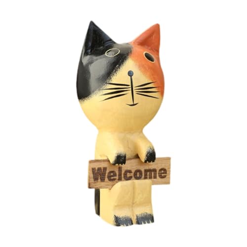 Kuntesetty Holzfigur Katze Willkommen Statue Handwerk Mini Tischdekoration Tischdekoration Kitty Skulptur für Schreibtisch Flur Schlafzimmer von Kuntesetty