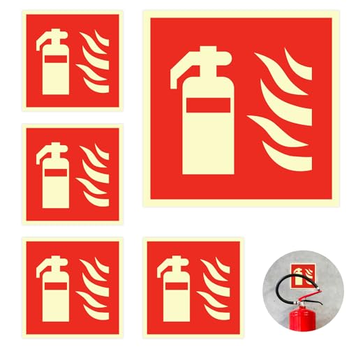 Schild Feuerlöscher Im Dunkeln leuchtendes Feuerlöscherschild - Selbstklebend Fire Shield Aufkleber für Feuerlöscher Haushalt, Auto, Büro, Langes Nachleuchten und Hohe Helligkeit (5 Stück, 150x150mm) von Kunxing