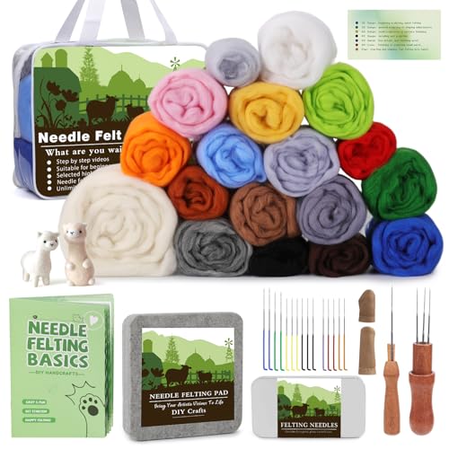 Kuppt Nadelfilz Starter Set, Nadelfilz Set, Wollfilz Set für Anfänger, Filzzubehör Filzset mit 18 Farben, Roving, Wollfilznadeln, Nadelfilzunterlage und Anleitung von Kuppt