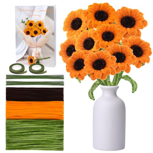 Pfeifenreiniger Set zum Basteln, Chenille Stiele, Sonnenblumen Bouquet Set, Pfeifenreiniger Sonnenblumen Set mit Anleitung, 3 Farben, gelbe Pfeifenreiniger Set für Bastelprojekte (10 Sonnenblumen) von Kuppt